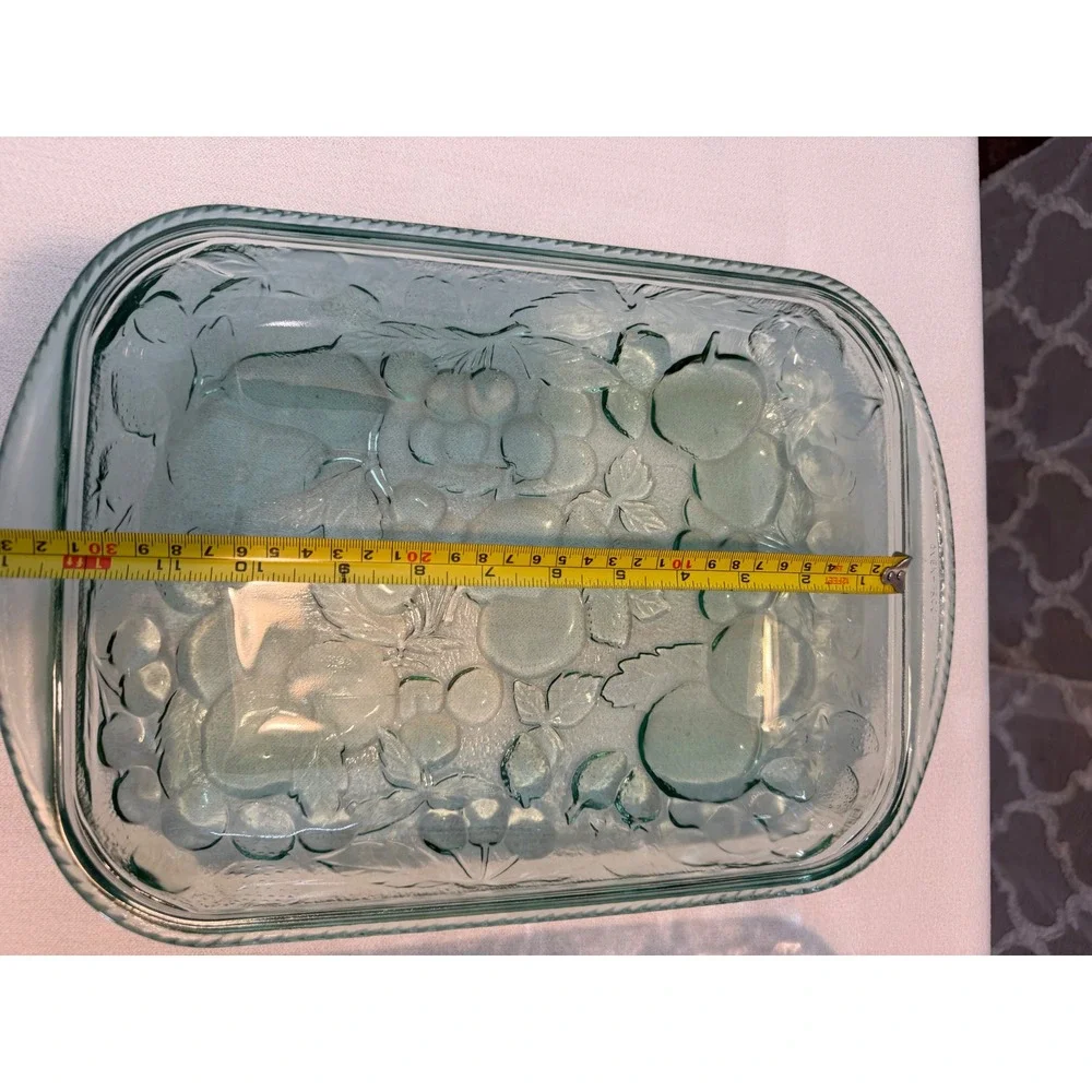 Vintage Libbey Orchard Fruit Baking Dish Set Clear Green Glass Oven Proof 2pc